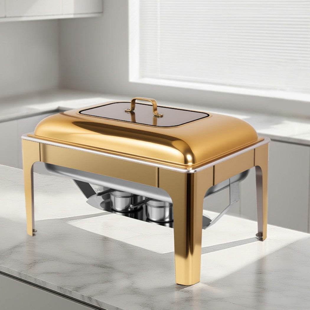 9L One-Pan Square Stainless Steel Chafing Dish Buffet Stove CDH-35, Gold Color, Alcohol-Heating Food Warmer (Without Alcohol), Heat-Resistant Catering Equipment for Events & Parties