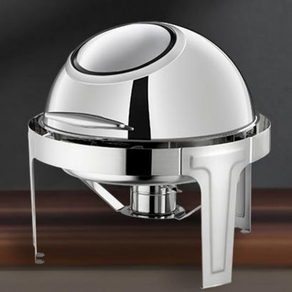 6L Round Chafing Dish Buffet Stove CDH-37, Silver Color, Alcohol-Heating Food Warmer with Visual Glass Lid (Without Alcohol), Stainless Steel Catering Equipment