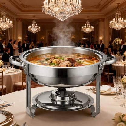 CDH-31 6L Round Stainless Steel Chafing Dish Buffet Stove, Alcohol-Heating Food Warmer (Fuel Not Included), Silver Color, Large Capacity & Long-Lasting Heat Preservation