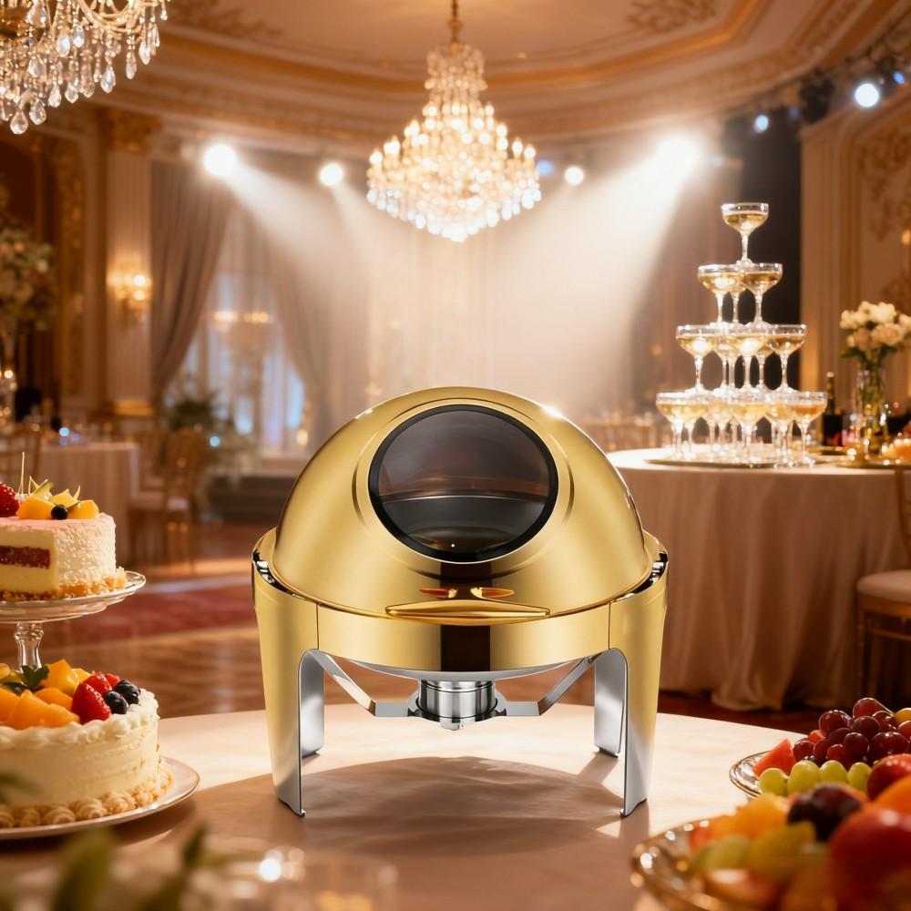 6L Round Chafing Dish Buffet Stove CDH-38, Gold Color, Alcohol-Heating Food Warmer with Visual Glass Lid (Without Alcohol), Stainless Steel Catering Equipment