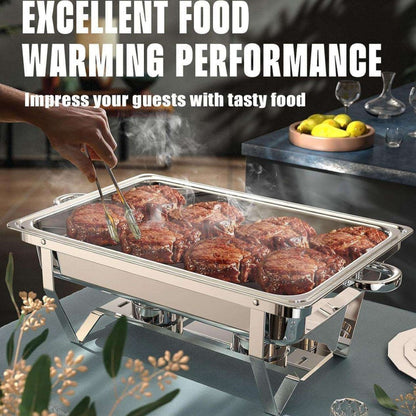 LP One-pan Alcohol-heating Buffet Stove Without Alcohol, 9L Square Stainless Steel Chafing Dish, Silver Color Food Warmer with Folding Frame and Heat Preservation