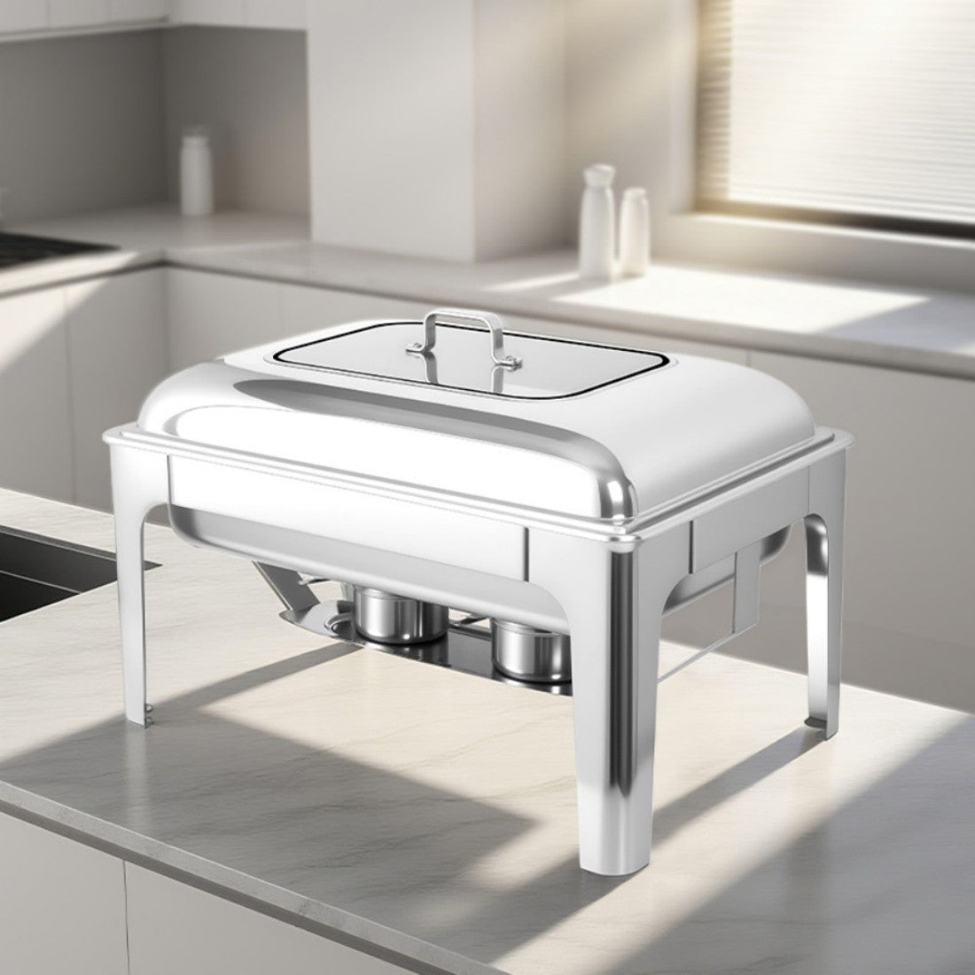 9L Two-Pan Square Stainless Steel Chafing Dish Buffet Stove CDH-34, Alcohol-Heating Food Warmer (Without Alcohol), Silver Color, Heat-Resistant Catering Equipment for Events & Parties