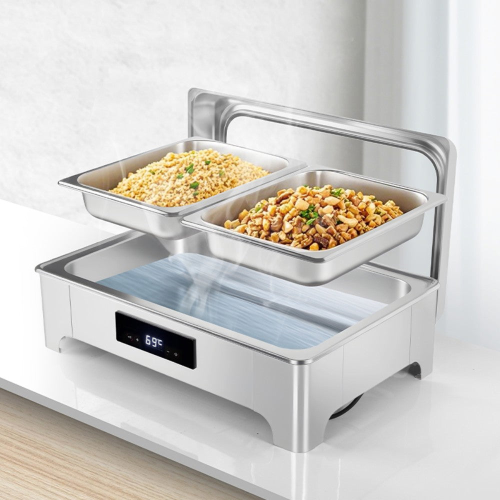 TH-5002 9L Two-Pans Electric Heater Buffet Stove, Square Stainless Steel Set with Visual Glass, Touch Temperature Control & Display