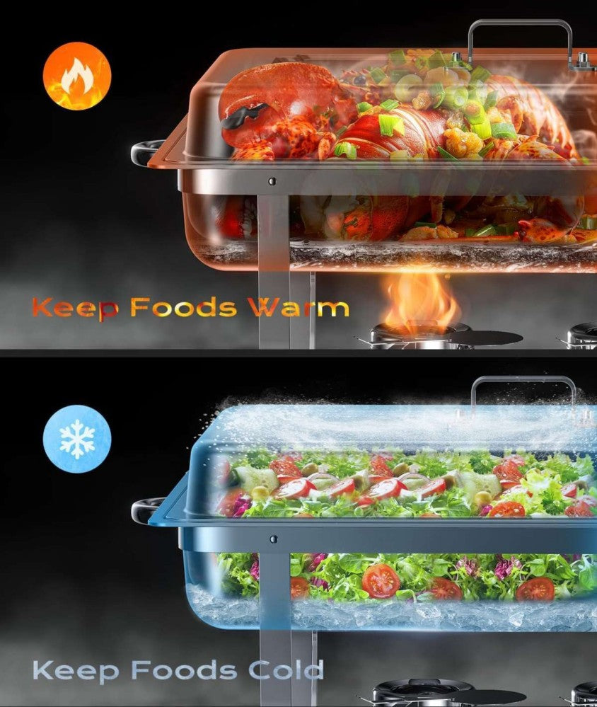 LP-D Two-pans Alcohol-heating Buffet Stove Without Alcohol, 9L Square Stainless Steel Chafing Dish Silver Color, Double Food Pans Food Warmer with Folding Frame & Strong Heat Preservation