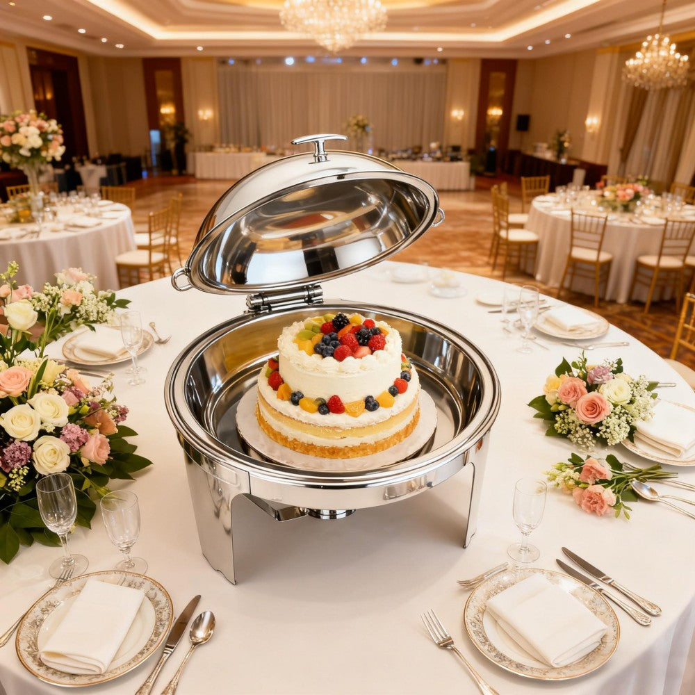 CDH-31 6L Round Stainless Steel Chafing Dish Buffet Stove, Alcohol-Heating Food Warmer (Fuel Not Included), Silver Color, Large Capacity & Long-Lasting Heat Preservation