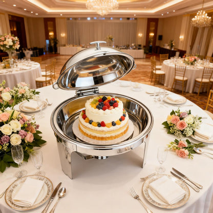 CDH-31 6L Round Stainless Steel Chafing Dish Buffet Stove, Alcohol-Heating Food Warmer (Fuel Not Included), Silver Color, Large Capacity & Long-Lasting Heat Preservation