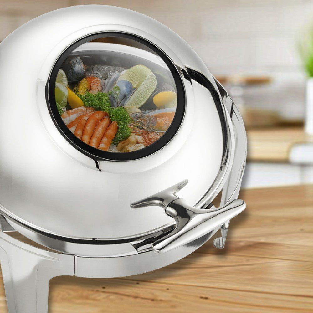 6L Round Chafing Dish Buffet Stove CDH-37, Silver Color, Alcohol-Heating Food Warmer with Visual Glass Lid (Without Alcohol), Stainless Steel Catering Equipment