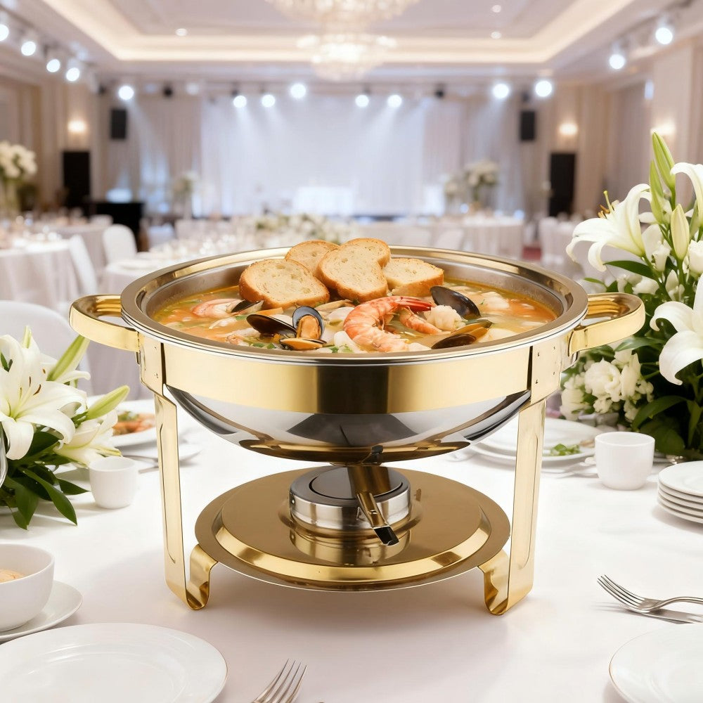 CDH-41 One-pan Alcohol-heating Buffet Stove (Without Alcohol), 5L Round Stainless Steel Chafing Dish, Gold Color, South Africa Production, Heat Preservation Food Warmer for Buffet Catering
