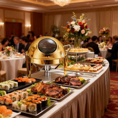 6L Round Chafing Dish Buffet Stove CDH-38, Gold Color, Alcohol-Heating Food Warmer with Visual Glass Lid (Without Alcohol), Stainless Steel Catering Equipment