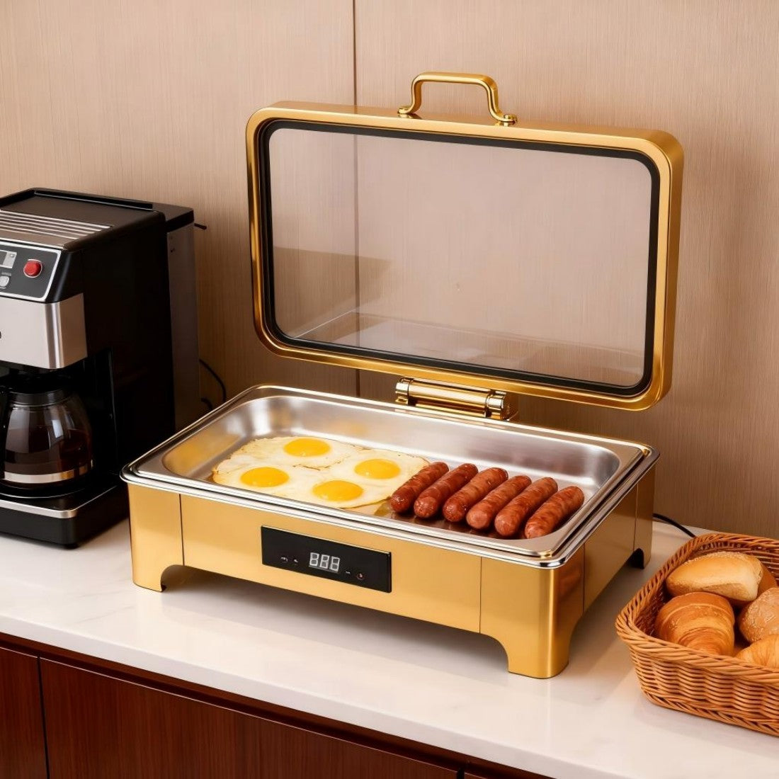 TH-5003 9L One-Pan Electric Heater Buffet Stove, Square Stainless Steel Set with Visual Glass Lid, Touch Temperature Control & Digital Display, Hot Water Heating System for Longer Freshness