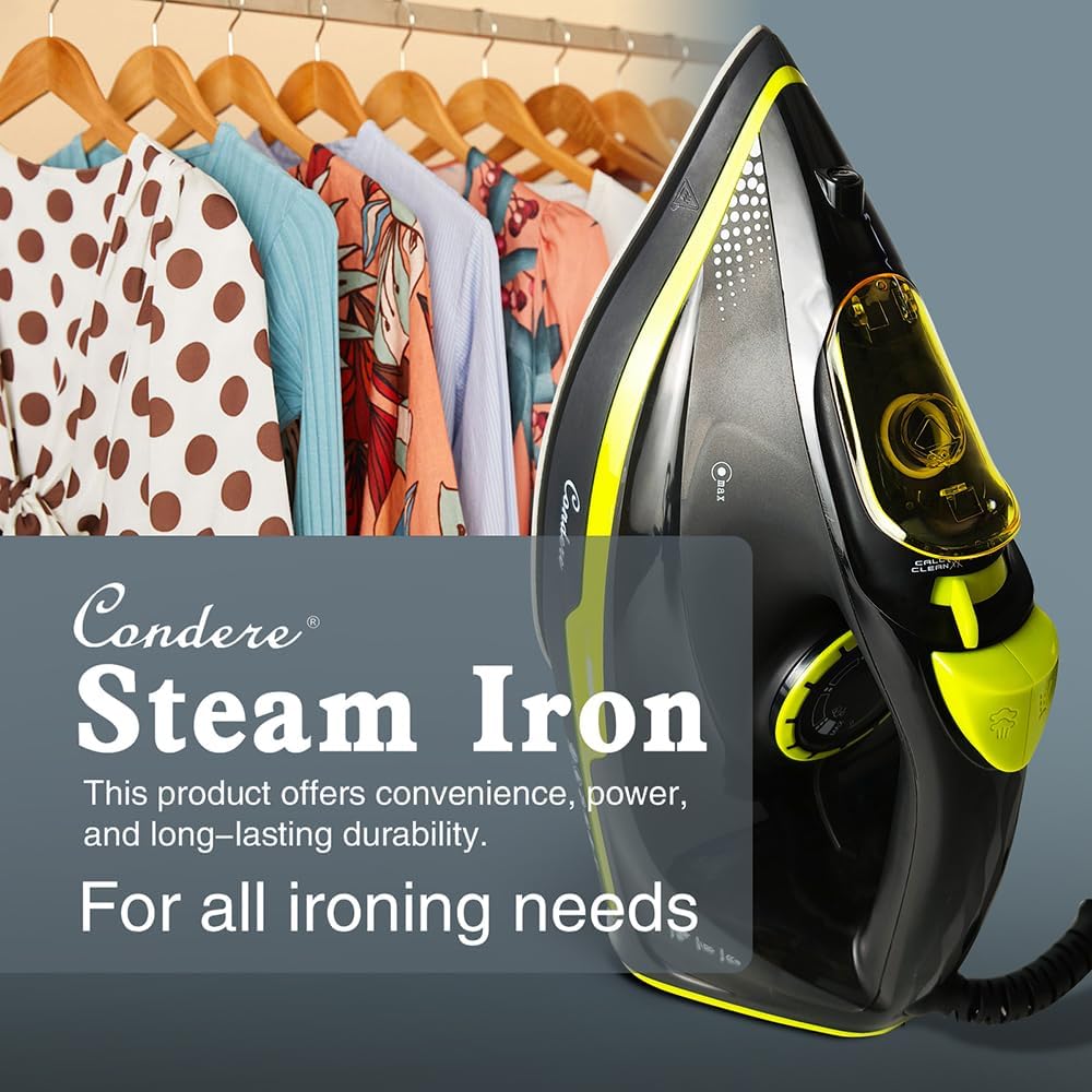CONDERE Steam Iron for Clothes 2200W - Ceramic Non-Stick Plate, 360ml Water Tank, Thermostatic Control with Self-Clean & Anti-Drip Features, Compact & Portable Iron for Travel