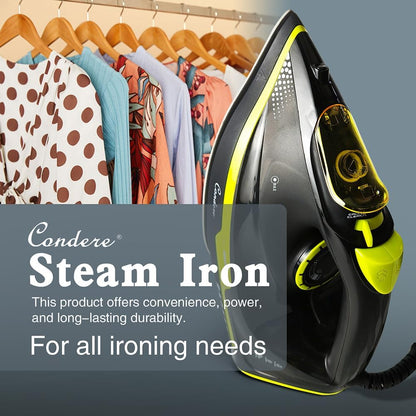 CONDERE Steam Iron for Clothes 2200W - Ceramic Non-Stick Plate, 360ml Water Tank, Thermostatic Control with Self-Clean & Anti-Drip Features, Compact & Portable Iron for Travel