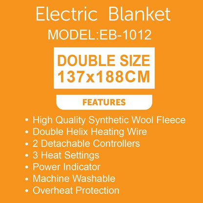 Electric Blanket EB-1012,137x188cm Heated Blanket with 2 Controllers, Synthetic Wool Fleece Heating Blanket