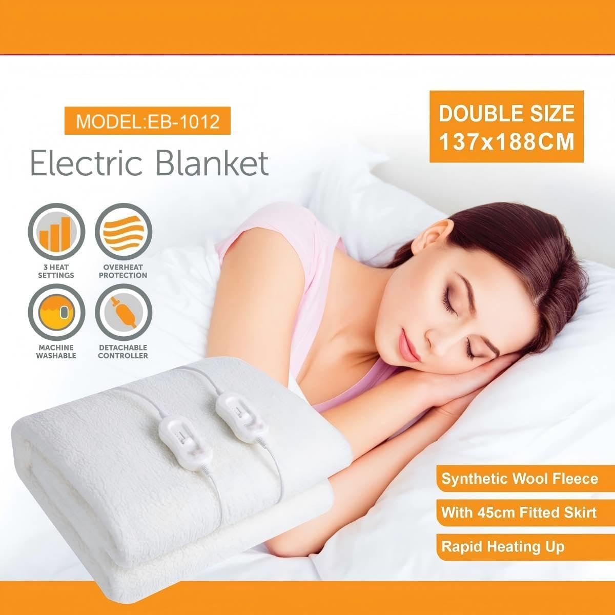Electric Blanket EB-1012,137x188cm Heated Blanket with 2 Controllers, Synthetic Wool Fleece Heating Blanket