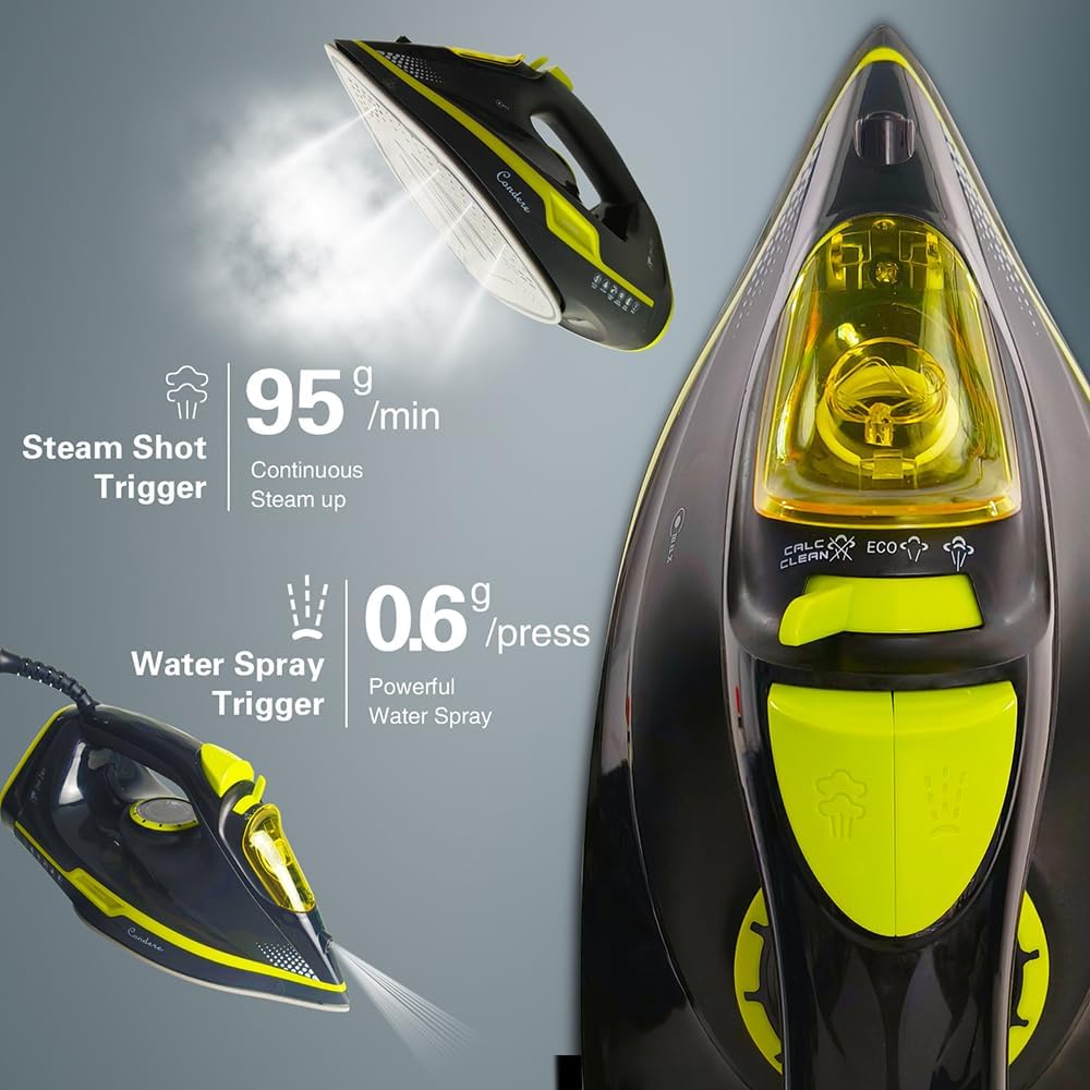 CONDERE Steam Iron for Clothes 2200W - Ceramic Non-Stick Plate, 360ml Water Tank, Thermostatic Control with Self-Clean & Anti-Drip Features, Compact & Portable Iron for Travel