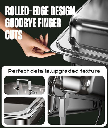 LP One-pan Alcohol-heating Buffet Stove Without Alcohol, 9L Square Stainless Steel Chafing Dish, Silver Color Food Warmer with Folding Frame and Heat Preservation