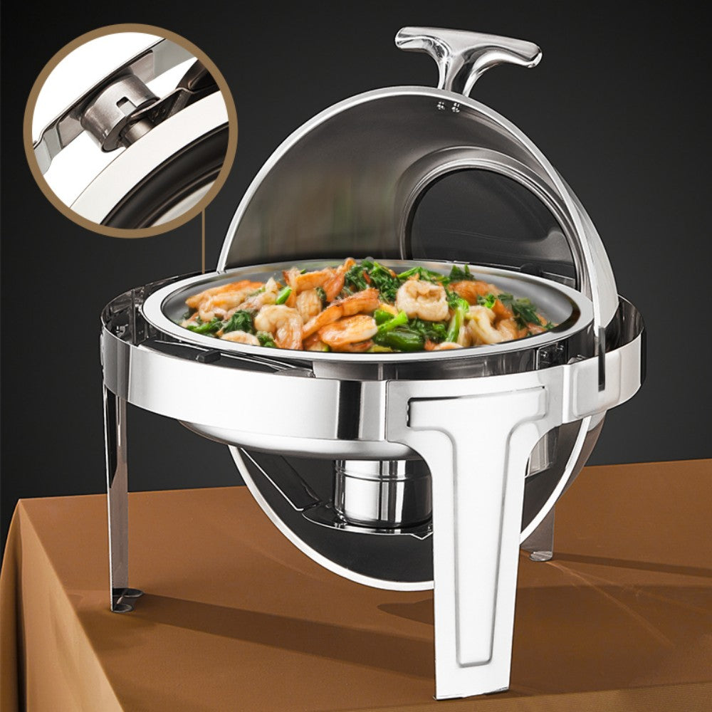 6L Round Chafing Dish Buffet Stove CDH-37, Silver Color, Alcohol-Heating Food Warmer with Visual Glass Lid (Without Alcohol), Stainless Steel Catering Equipment