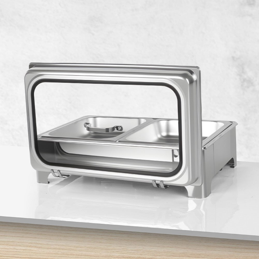 TH-5002 9L Two-Pans Electric Heater Buffet Stove, Square Stainless Steel Set with Visual Glass, Touch Temperature Control & Display