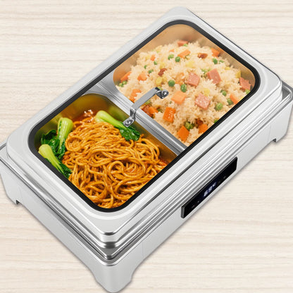 TH-5002 9L Two-Pans Electric Heater Buffet Stove, Square Stainless Steel Set with Visual Glass, Touch Temperature Control & Display