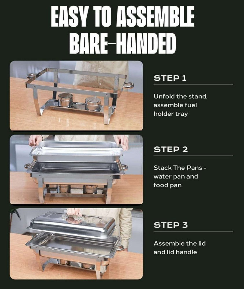 LP One-pan Alcohol-heating Buffet Stove Without Alcohol, 9L Square Stainless Steel Chafing Dish, Silver Color Food Warmer with Folding Frame and Heat Preservation