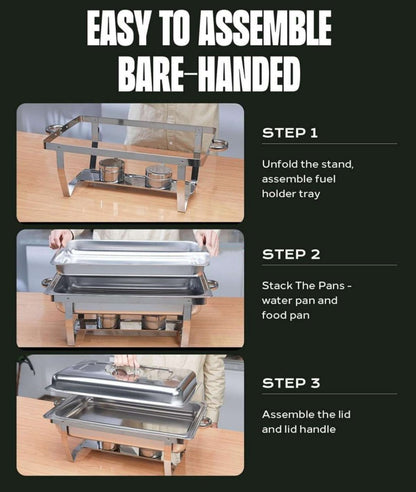 LP One-pan Alcohol-heating Buffet Stove Without Alcohol, 9L Square Stainless Steel Chafing Dish, Silver Color Food Warmer with Folding Frame and Heat Preservation