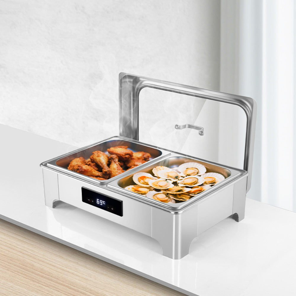 TH-5002 9L Two-Pans Electric Heater Buffet Stove, Square Stainless Steel Set with Visual Glass, Touch Temperature Control & Display