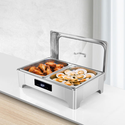 TH-5002 9L Two-Pans Electric Heater Buffet Stove, Square Stainless Steel Set with Visual Glass, Touch Temperature Control & Display