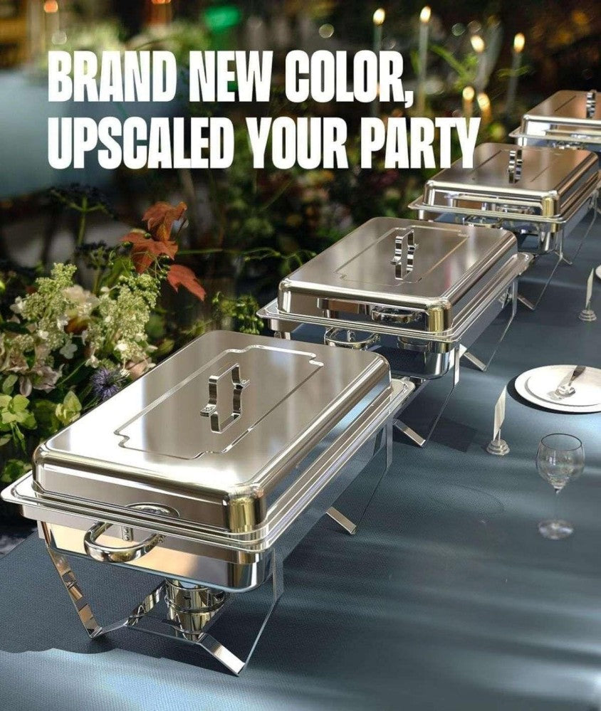 LP-D Two-pans Alcohol-heating Buffet Stove Without Alcohol, 9L Square Stainless Steel Chafing Dish Silver Color, Double Food Pans Food Warmer with Folding Frame & Strong Heat Preservation