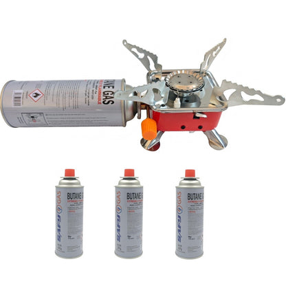 BDZ-001A Portable Camping Stove with Piezo Ignition & Safety Lock – Small Butane Gas Stove with Adjustable Flame, Carry Case & 4 × 227g Gas Canisters