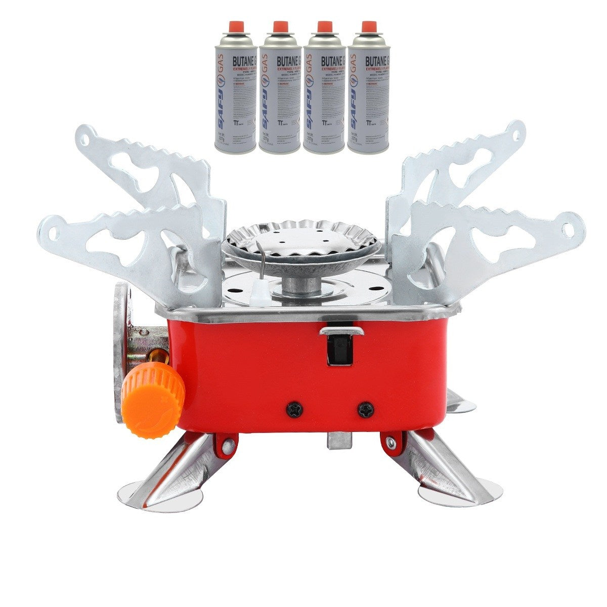 BDZ-001A Portable Camping Stove with Piezo Ignition & Safety Lock – Small Butane Gas Stove with Adjustable Flame, Carry Case & 4 × 227g Gas Canisters