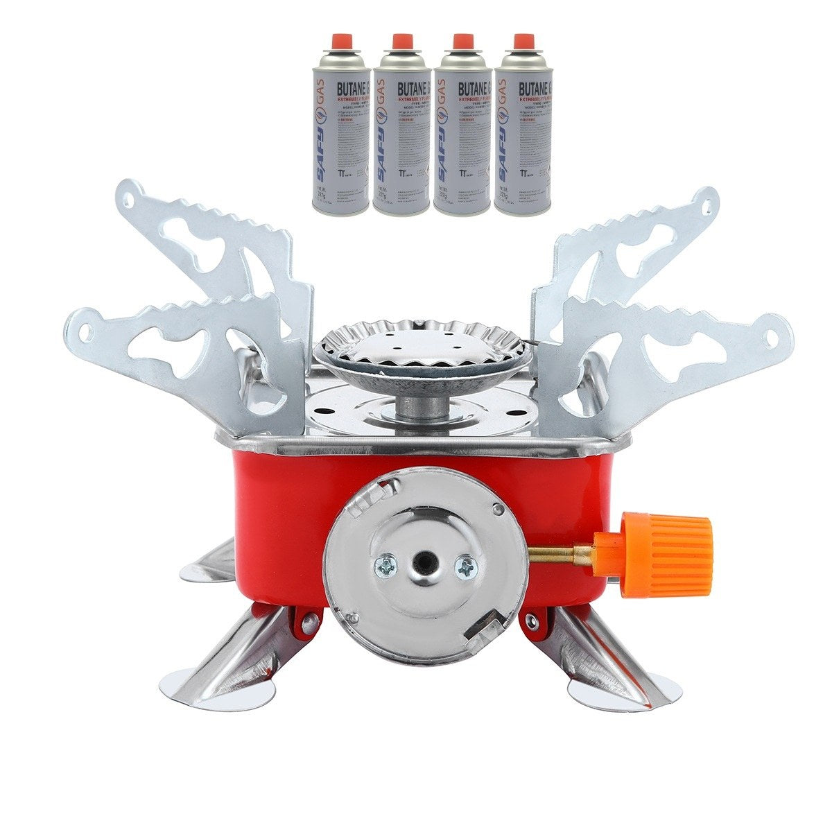 BDZ-001A Portable Camping Stove with Piezo Ignition & Safety Lock – Small Butane Gas Stove with Adjustable Flame, Carry Case & 4 × 227g Gas Canisters