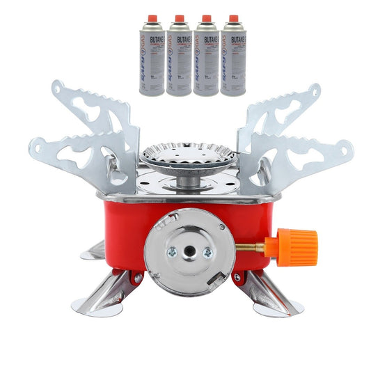 BDZ-001A Portable Camping Stove with Piezo Ignition & Safety Lock – Small Butane Gas Stove with Adjustable Flame, Carry Case & 4 × 227g Gas Canisters