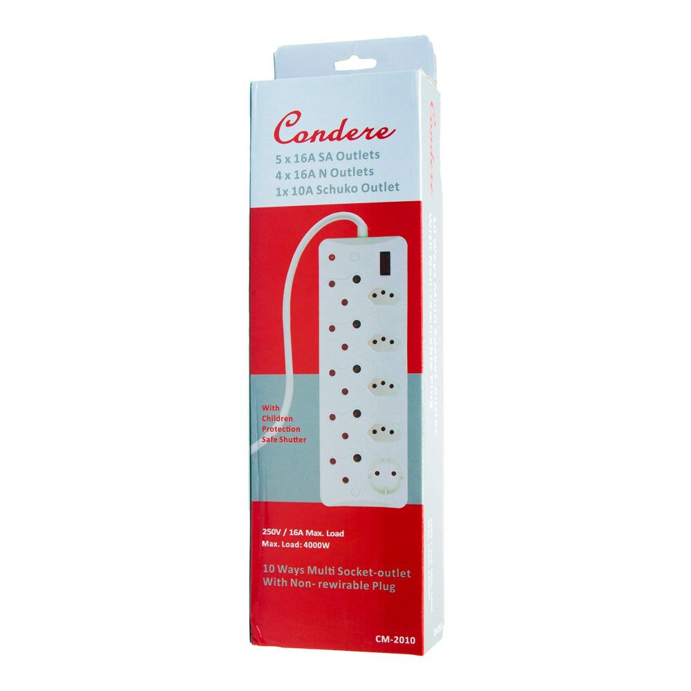socket-out Power Strip,10-Way Multi long power strip with 16A Non-Rewirable Plug, 4000W Capacity IEC Certified CM-2010