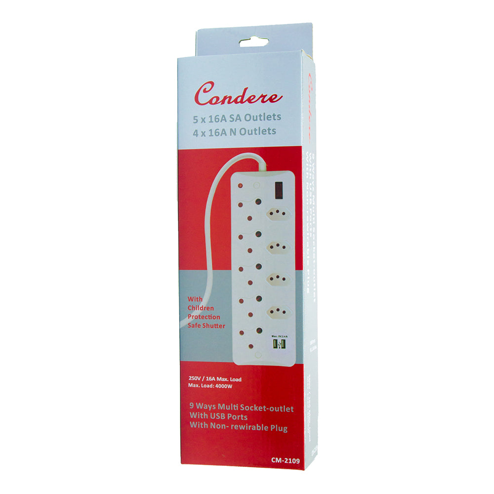 9-Way Multi Socket-outlet Power Strip with USB Ports, Heavy Duty with 16A Non-Rewirable Plug, 4000W Capacity – Socket-outlet Extender with IEC Certification CM-2109