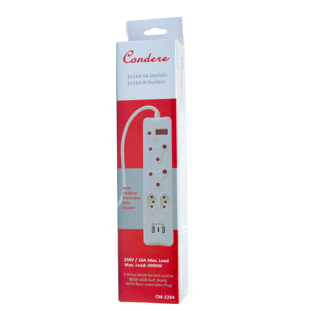 4-Way Multi Socket-outlet Power Strip with USB+type-C Ports, Heavy Duty 16A Non-Rewirable Plug, 4000W Capacity – Outlet with USB+type-C Ports and IEC Certification CM-2204