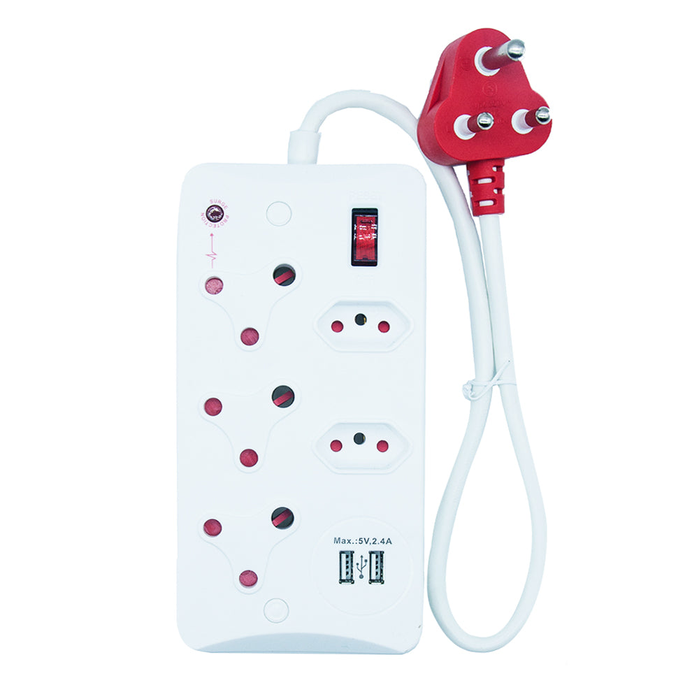 5-Way Surge Protected Power Strip with USB Ports, 16A Non-Rewirable Red Plug, 450J Protection, Fire-Resistant Shell, IEC Certified, 0.5m Cable CM-2405