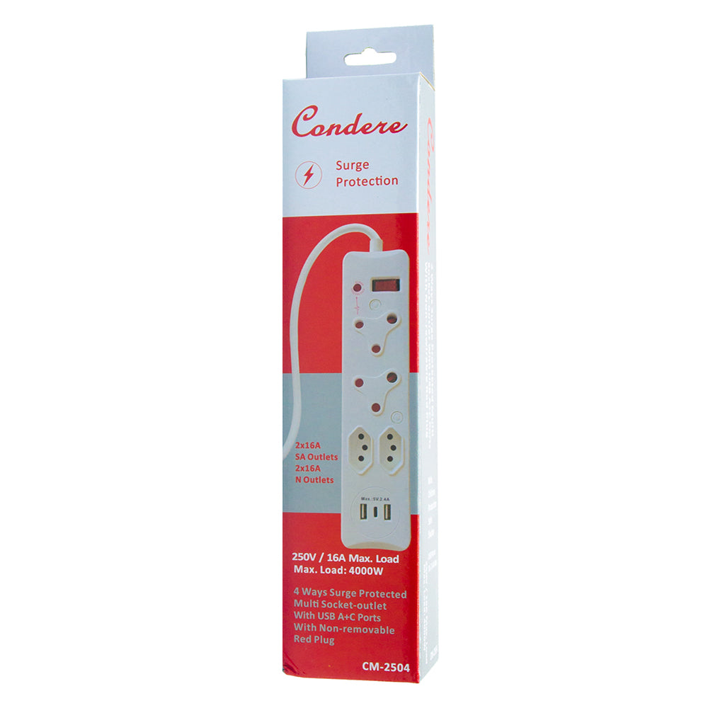 4-Way Surge Protector Power Strip with USB+type-C Ports, 16A Non-Rewirable Red Plug, 450J Surge Protection, Fire-Resistant Shell, IEC Certified, 0.5m Cable CM-2504