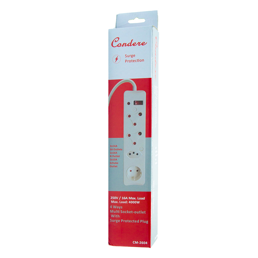 4-Way Multi Surge Protected Socket-outlet Power Strip with 16A Surge Protected Plug, 500J-700J Protection, 4000W Capacity – IEC Certification CM-2604