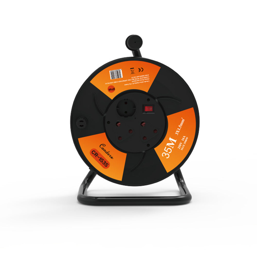 35m Copper Extension Cord Reel – Electrical Cord Storage Reel with Fireproof Shell, 3500W Power Capacity, 3-Port Extension Cord Holder with Key Switch and Child Protection