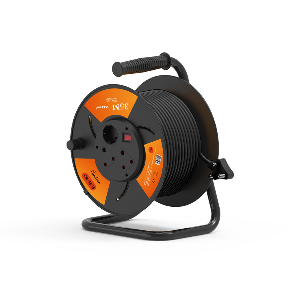 35m Copper Extension Cord Reel – Electrical Cord Storage Reel with Fireproof Shell, 3500W Power Capacity, 3-Port Extension Cord Holder with Key Switch and Child Protection
