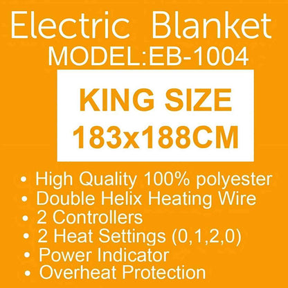 Electric Blanket EB-1004, 183x188 Heated Blanket Throw with Dual Controllers, Polyester Heating Blanket