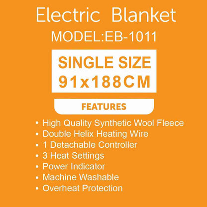 Electric Blanket EB-1011, 91x188cm Heated Blanket with Controller, Synthetic Wool Fleece Heating Blanket