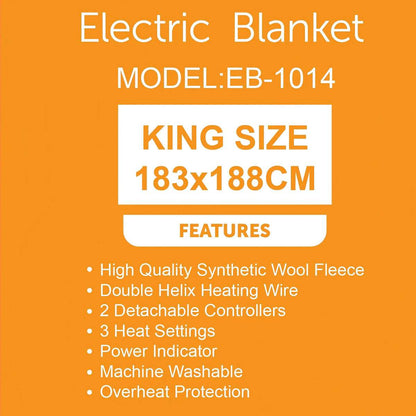 Electric Blanket EB-1014, 183x188cm Heated Blanket Throw with 2 Controllers, Synthetic Wool Fleece