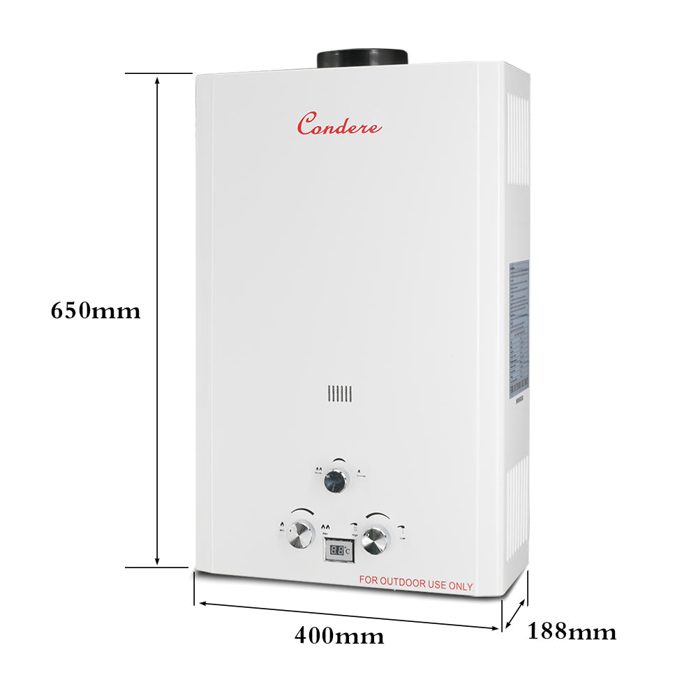 Condere 16L LPG Tankless Gas Water Heater, Outdoor Gas Water Heater with LED Display, Flame Failure & Overheat Protection – LQ-4016(HB), Ideal for Family Use