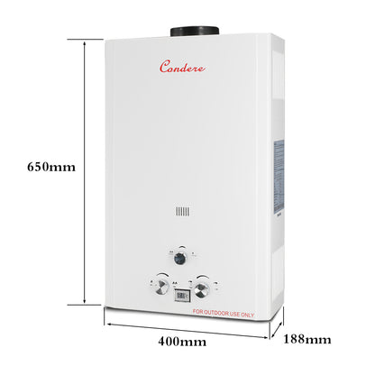 Condere 16L LPG Tankless Gas Water Heater, Outdoor Gas Water Heater with LED Display, Flame Failure & Overheat Protection – LQ-4016(HB), Ideal for Family Use