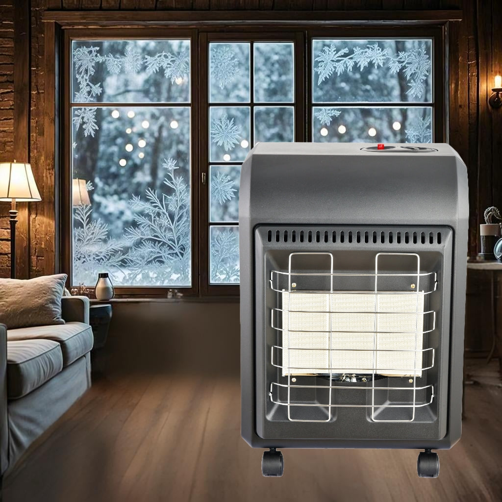 Small Propane Heater for Indoor Use, 1.5kW-4.2kW Gas Heater with Piezo-Electric Ignition, ODS & Flame-Failure Protection, Portable Gas Heater with Castors for Home Heating