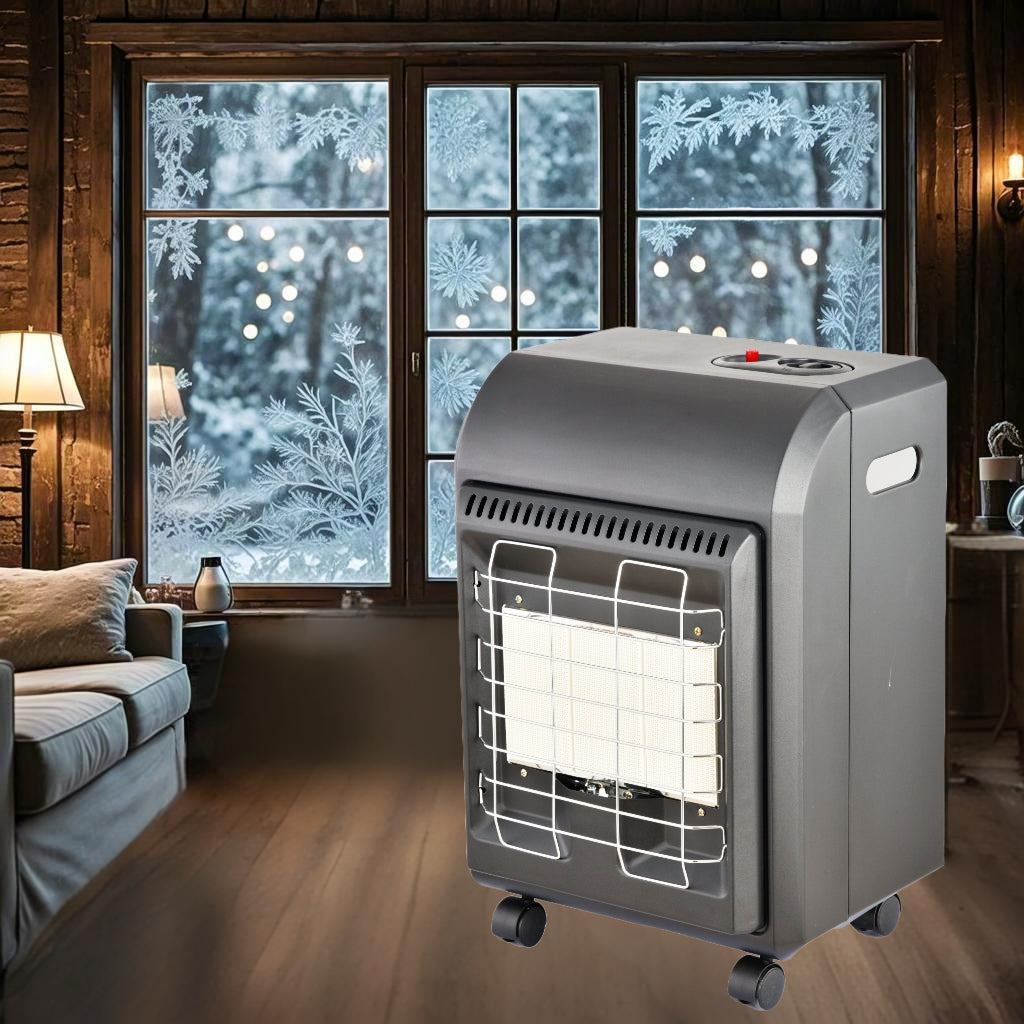 Small Propane Heater for Indoor Use, 1.5kW-4.2kW Gas Heater with Piezo-Electric Ignition, ODS & Flame-Failure Protection, Portable Gas Heater with Castors for Home Heating
