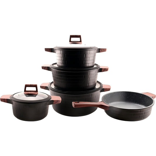 10pcs Golden Brick Cookware Pot Set SNCJ002 – Die-Cast Aluminum, Induction Bottom