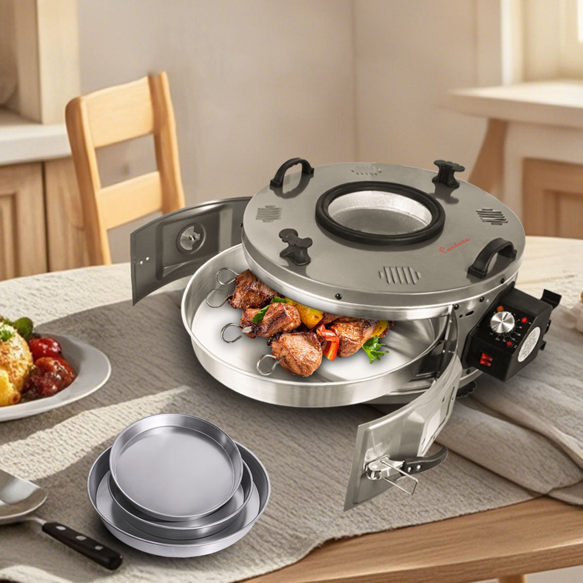 CONDERE Oven, Thermostatic Roaster Oven TH-1241-1500W Electric Roaster Pan with Lid, Adjustable Heat Control, and 3 Deep Trays