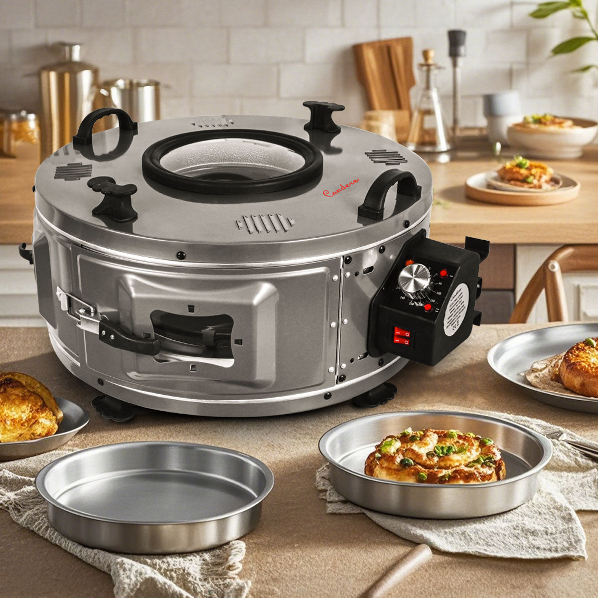 CONDERE Oven, Thermostatic Roaster Oven TH-1241-1500W Electric Roaster Pan with Lid, Adjustable Heat Control, and 3 Deep Trays